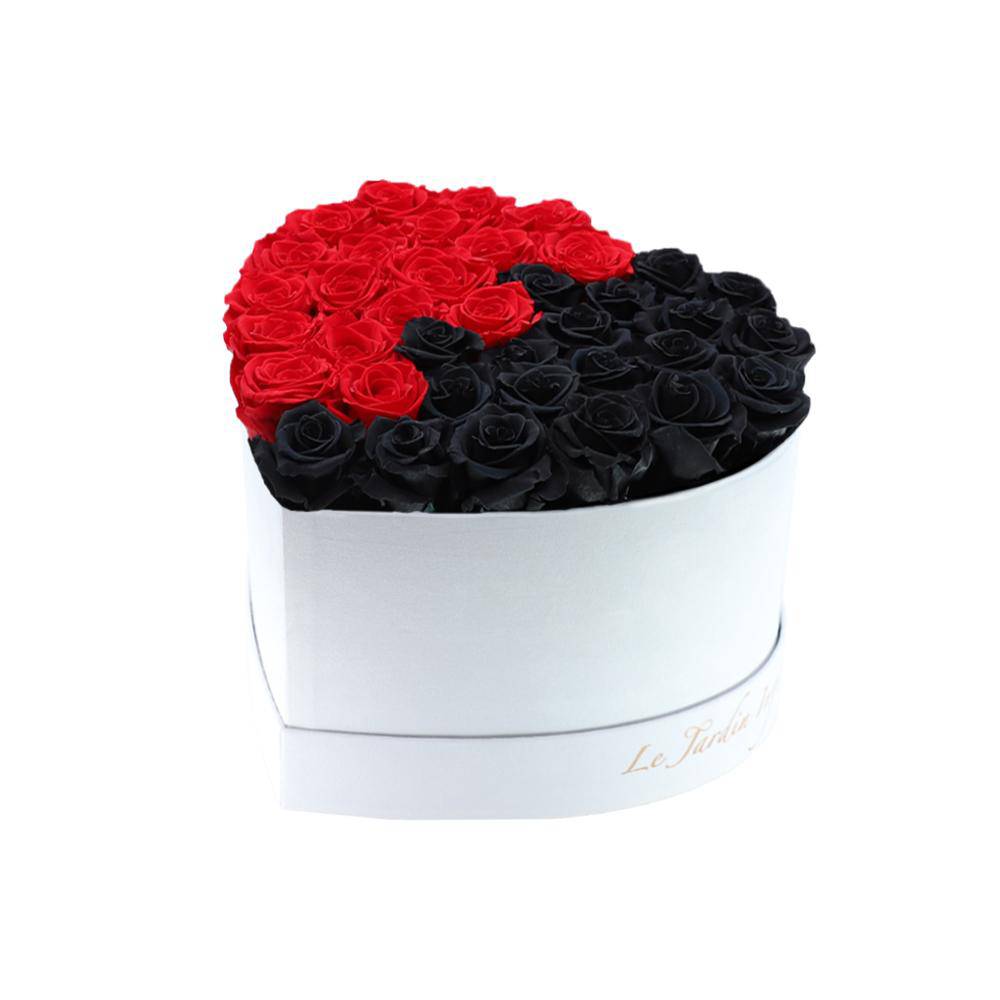 36 Red & Black Puzzle Preserved Roses in A Heart Shaped Box- Small Heart Luxury White Suede Box