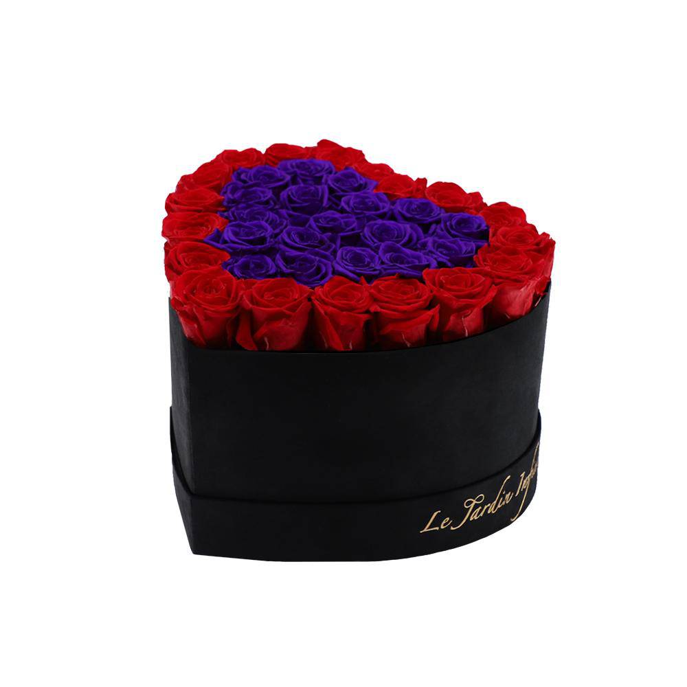 36 Red & Purple Hearts Preserved Roses in A Heart Shaped Box- Small Heart Luxury Black Suede Box