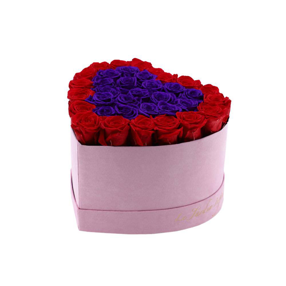 36 Red & Purple Hearts Preserved Roses in A Heart Shaped Box- Small Heart Luxury Pink Suede Box - Le Jardin Infini Roses in a Box