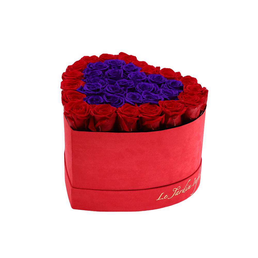 36 Red & Purple Hearts Preserved Roses in A Heart Shaped Box- Small Heart Luxury Red Suede Box