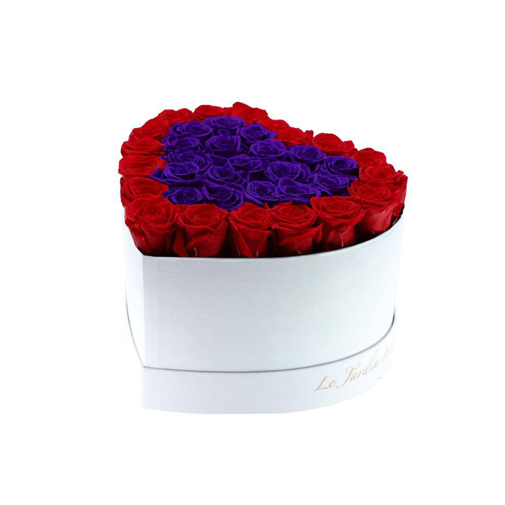 36 Red & Purple Hearts Preserved Roses in A Heart Shaped Box- Small Heart Luxury White Suede Box