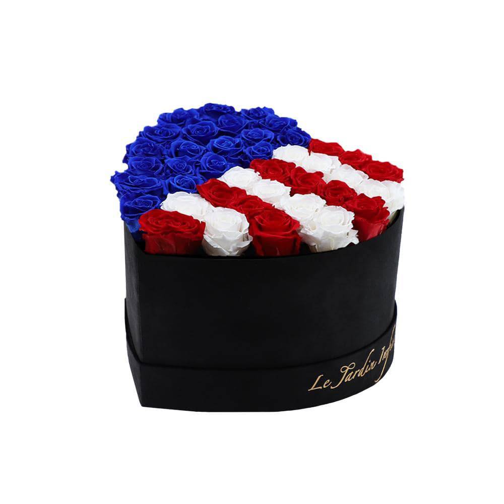 36 Royal Blue, Red & White USA Flag Preserved Roses in A Heart Shaped Box- Small Heart Luxury Black Suede Box - Le Jardin Infini Roses in a Box