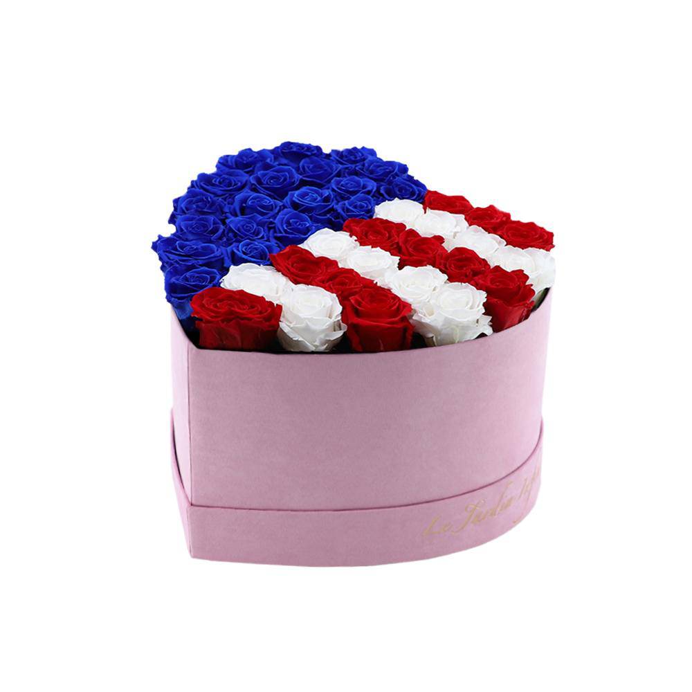 36 Royal Blue, Red & White USA Flag Preserved Roses in A Heart Shaped Box- Small Heart Luxury Pink Suede Box - Le Jardin Infini Roses in a Box