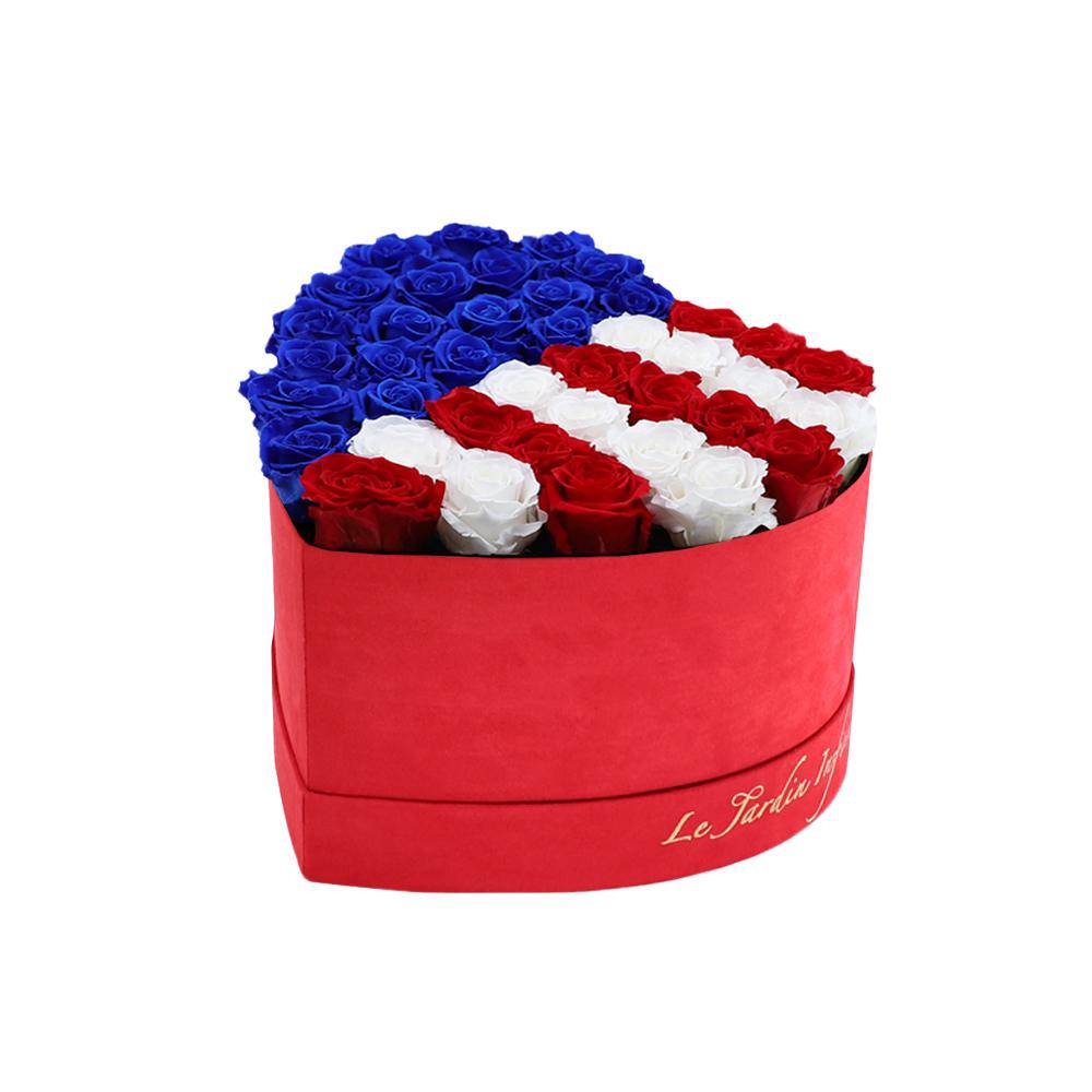 36 Royal Blue, Red & White USA Flag Preserved Roses in A Heart Shaped Box- Small Heart Luxury Red Suede Box