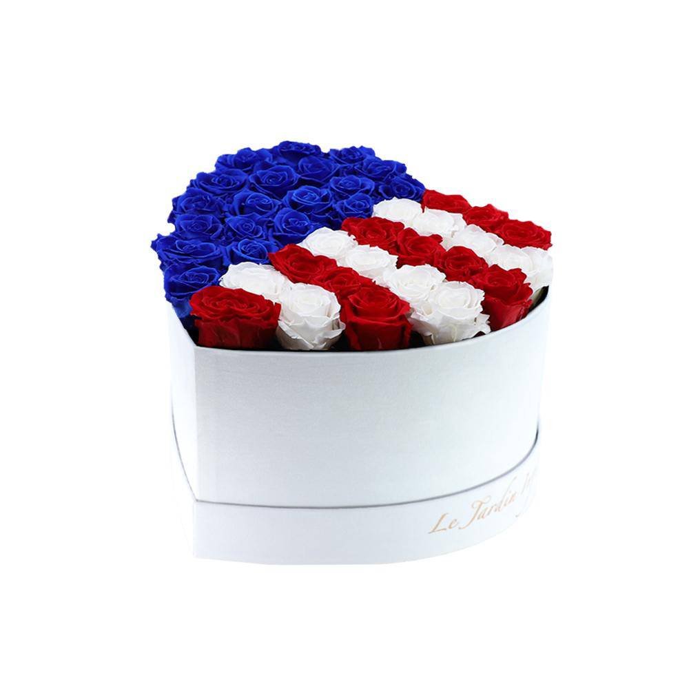 36 Royal Blue, Red & White USA Flag Preserved Roses in A Heart Shaped Box- Small Heart Luxury White Suede Box