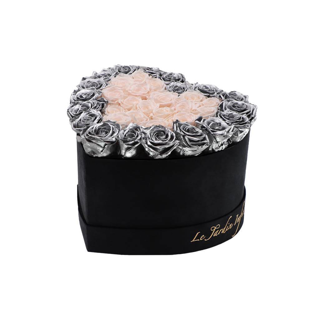 36 Silver & Champagne Hearts Preserved Roses in A Heart Shaped Box- Small Heart Luxury Black Suede Box