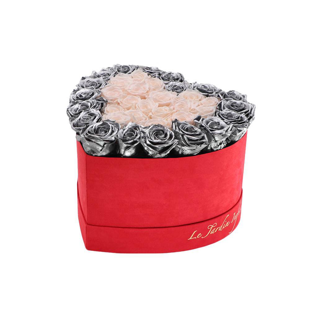 36 Silver & Champagne Hearts Preserved Roses in A Heart Shaped Box- Small Heart Luxury Red Suede Box