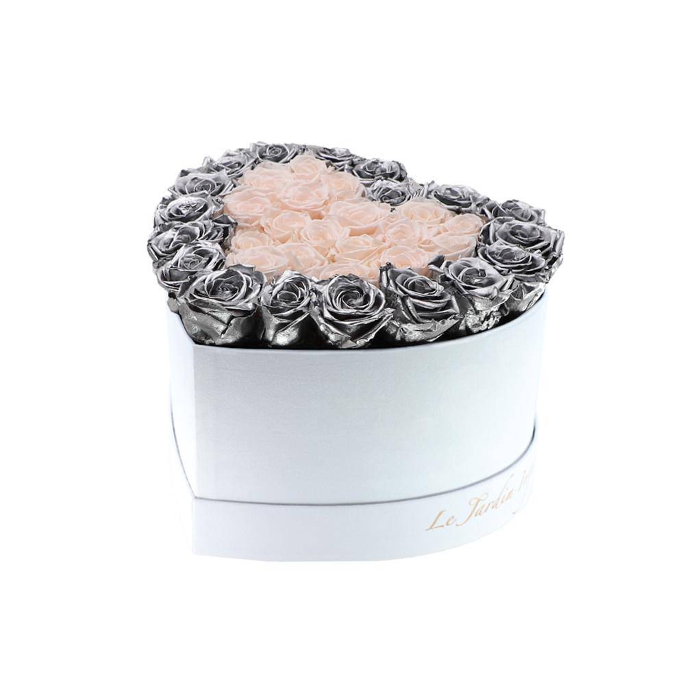 36 Silver & Champagne Hearts Preserved Roses in A Heart Shaped Box- Small Heart Luxury White Suede Box