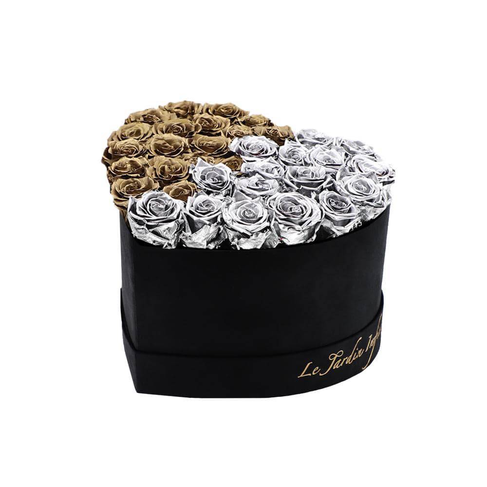 36 Silver & Gold Puzzle Preserved Roses in A Heart Shaped Box- Small Heart Luxury Black Suede Box - Le Jardin Infini Roses in a Box