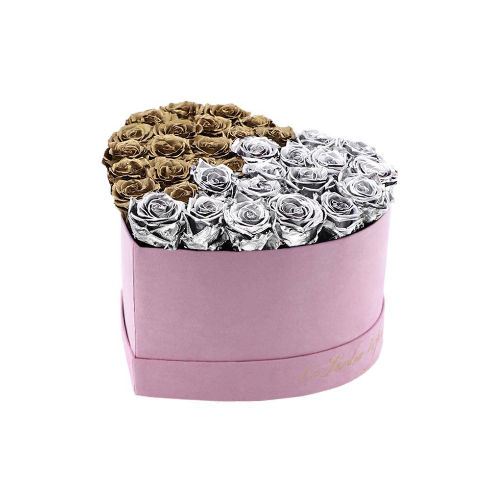 36 Silver & Gold Puzzle Preserved Roses in A Heart Shaped Box- Small Heart Luxury Pink Suede Box - Le Jardin Infini Roses in a Box