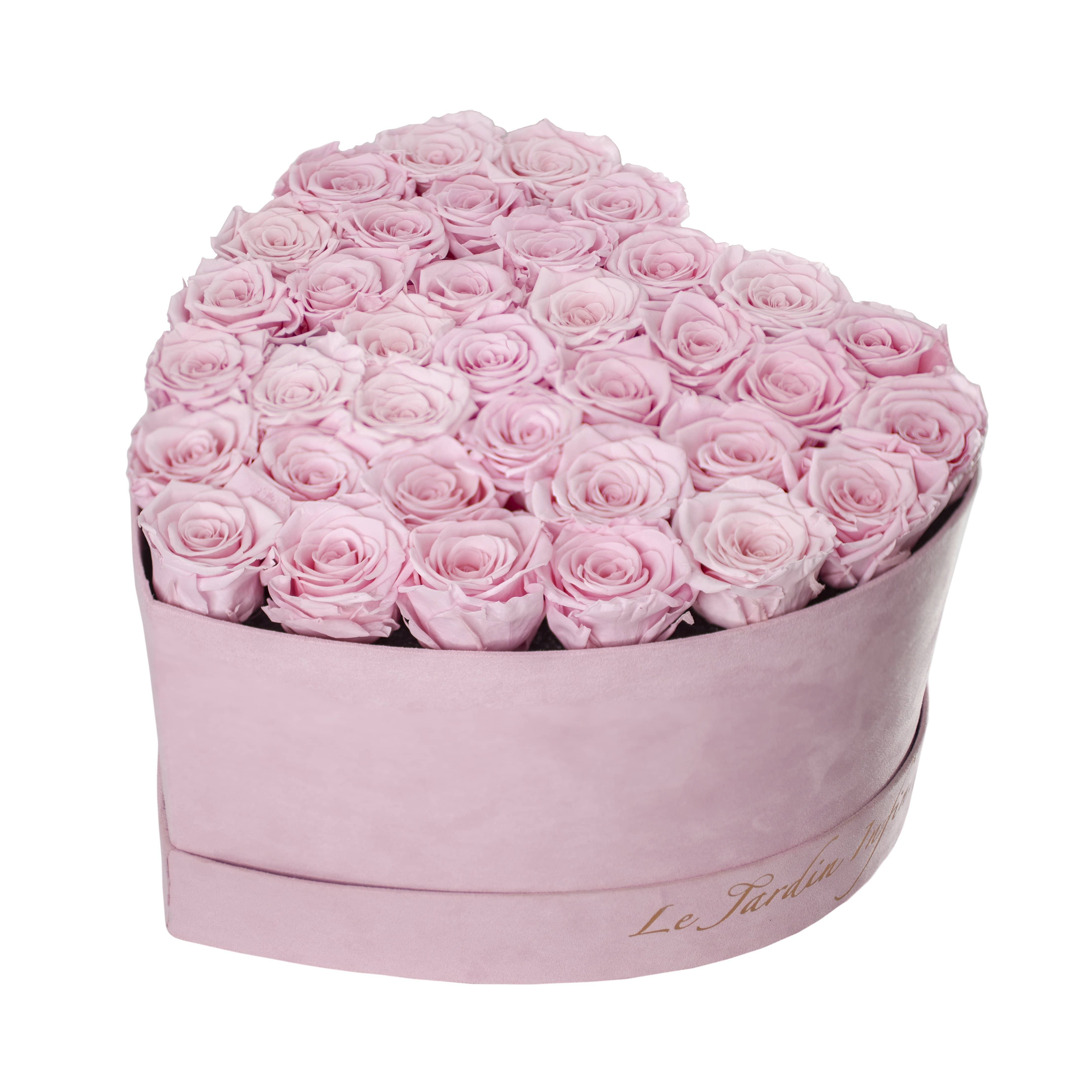 36 Soft Pink Preserved Roses in A Heart Shaped Box - Small Heart Luxury  Pink Suede Box