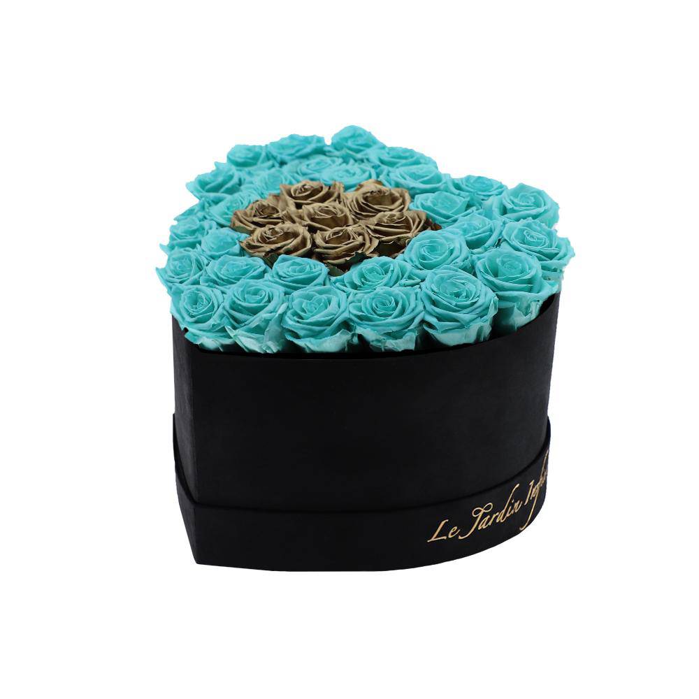 36 Turquoise & Gold Center Preserved Roses in A Heart Shaped Box- Small Heart Luxury Black Suede Box