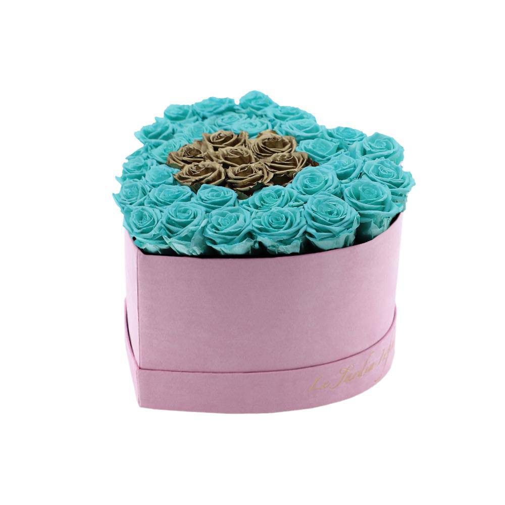 36 Turquoise & Gold Center Preserved Roses in A Heart Shaped Box- Small Heart Luxury Pink Suede Box