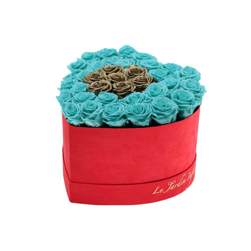 36 Turquoise & Gold Center Preserved Roses in A Heart Shaped Box- Small Heart Luxury Red Suede Box