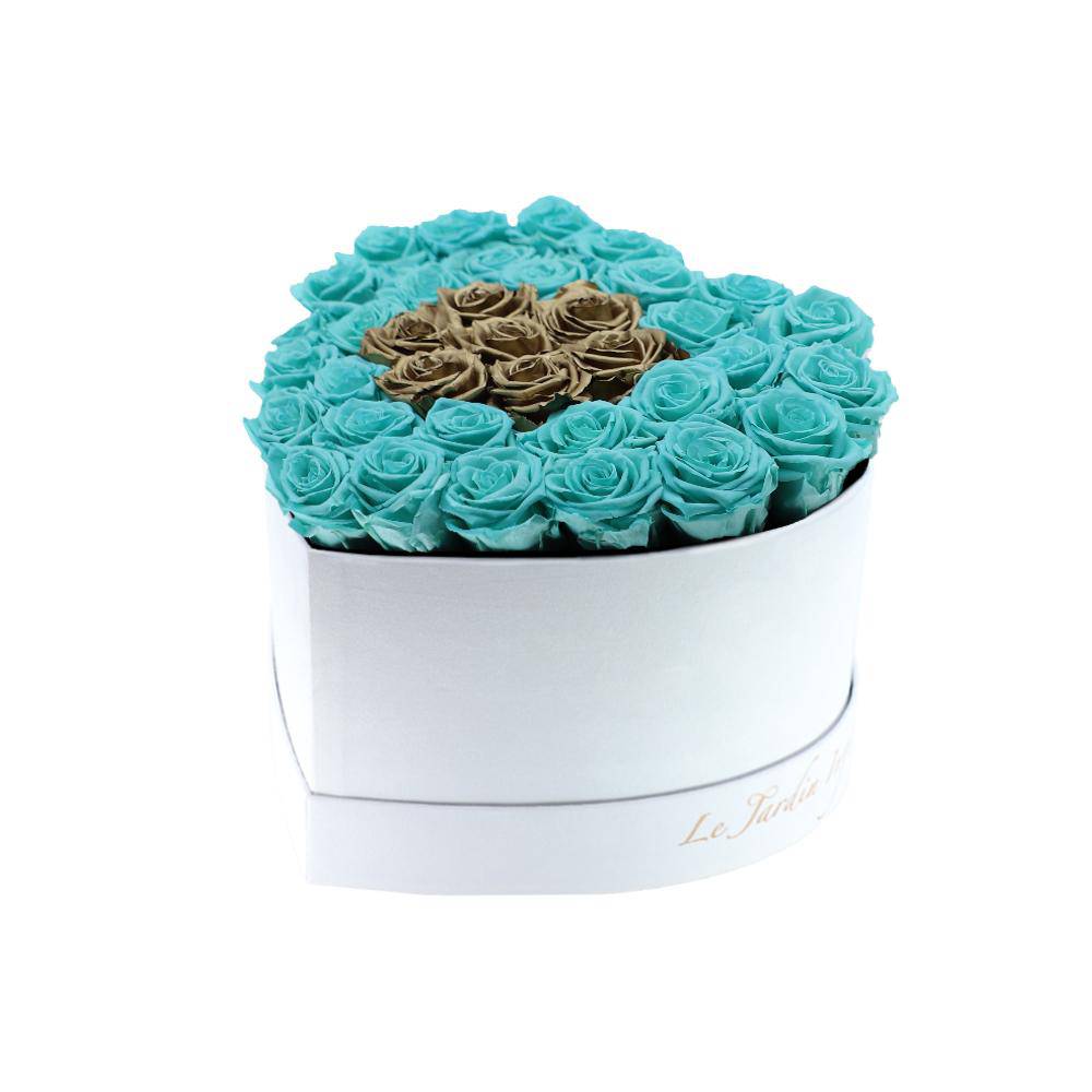 36 Turquoise & Gold Center Preserved Roses in A Heart Shaped Box- Small Heart Luxury White Suede Box