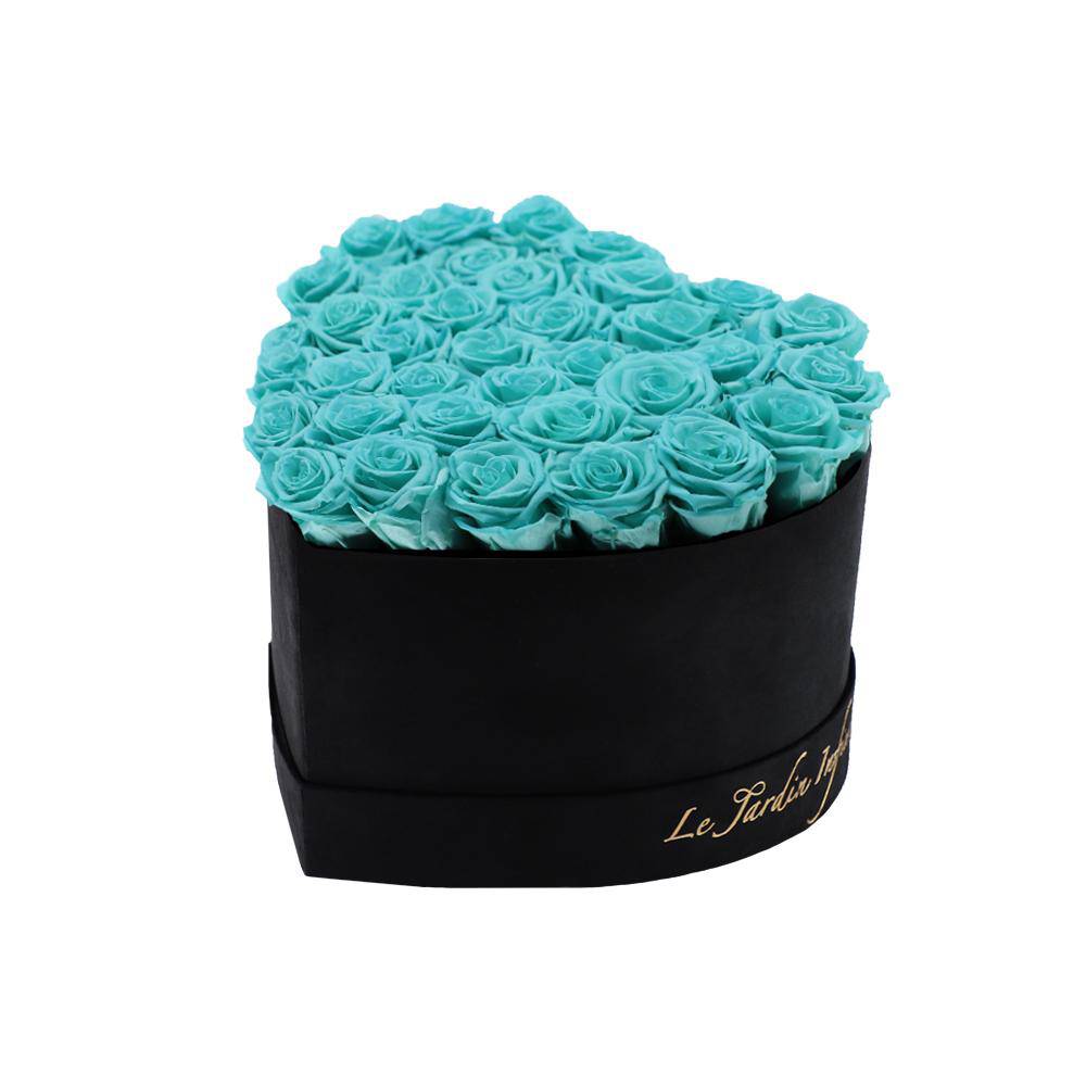 36 Turquoise Preserved Roses in A Heart Shaped Box- Small Heart Luxury Black Suede Box