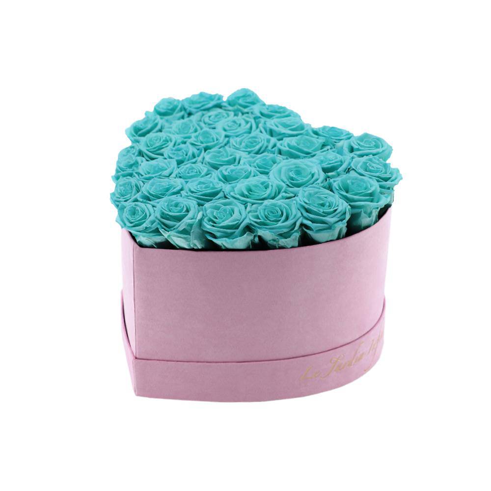 36 Turquoise Preserved Roses in A Heart Shaped Box- Small Heart Luxury Pink Suede Box