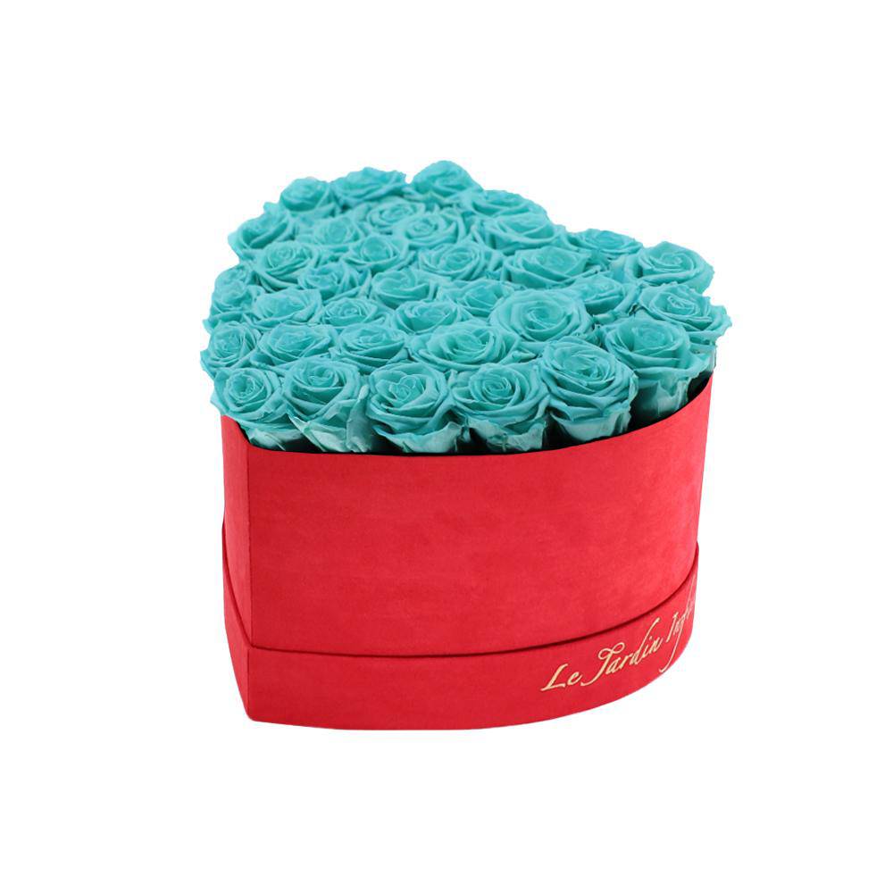 36 Turquoise Preserved Roses in A Heart Shaped Box- Small Heart Luxury Red Suede Box