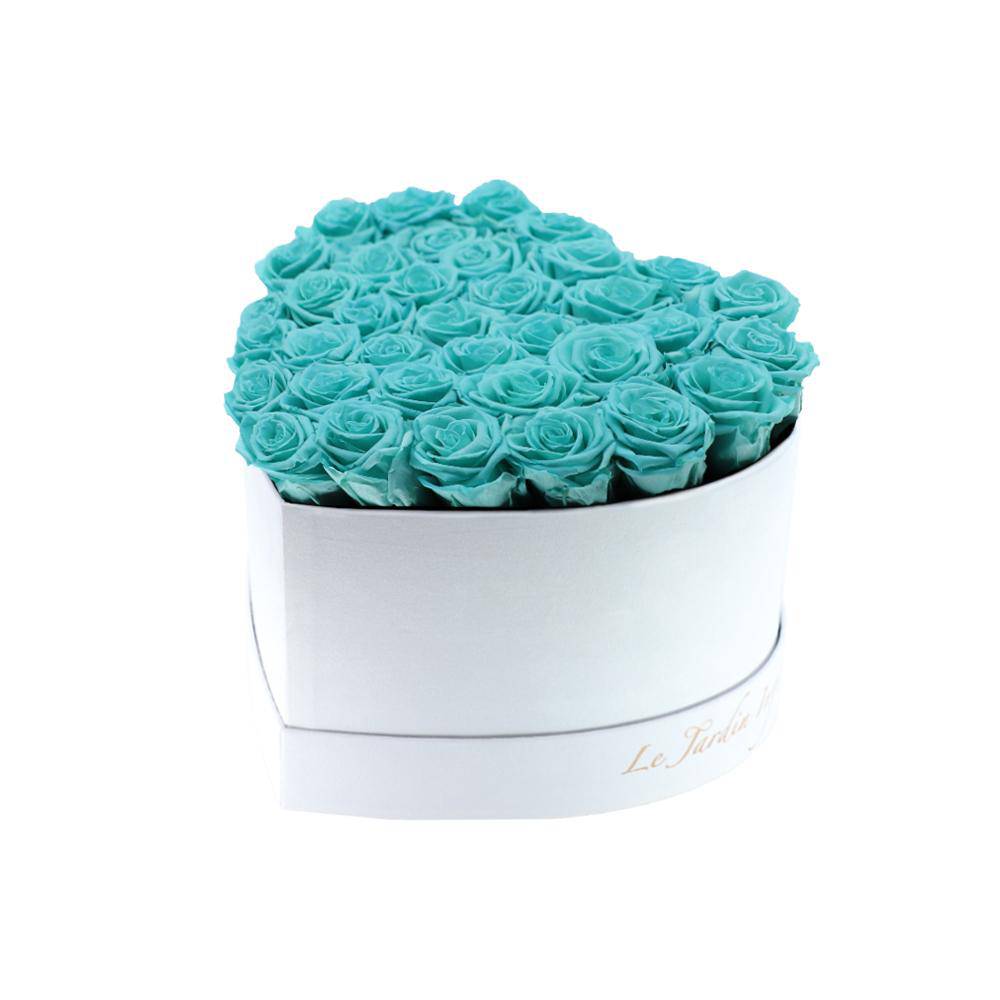 36 Turquoise Preserved Roses in A Heart Shaped Box- Small Heart Luxury White Suede Box