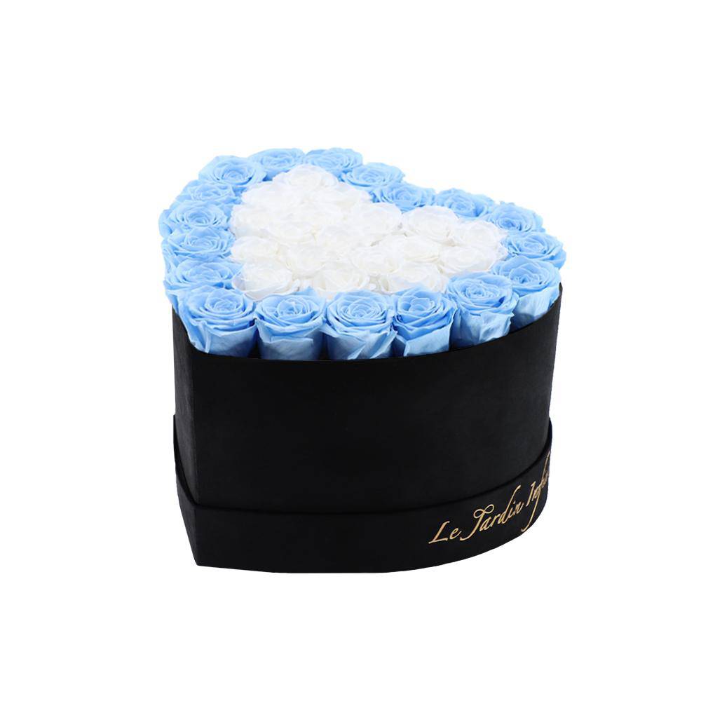 36 White & Baby Blue Hearts Preserved Roses in A Heart Shaped Box- Small Heart Luxury Black Suede Box