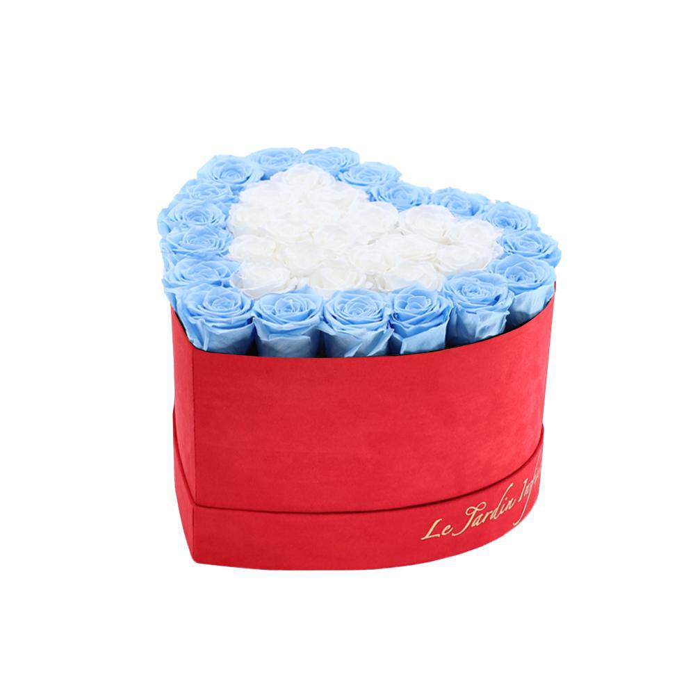 36 White & Baby Blue Hearts Preserved Roses in A Heart Shaped Box- Small Heart Luxury Red Suede Box