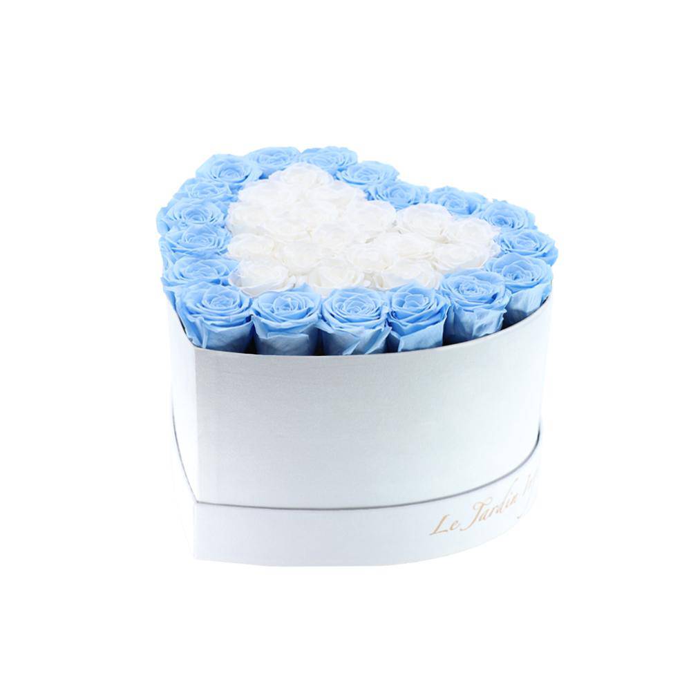 36 White & Baby Blue Hearts Preserved Roses in A Heart Shaped Box- Small Heart Luxury White Suede Box