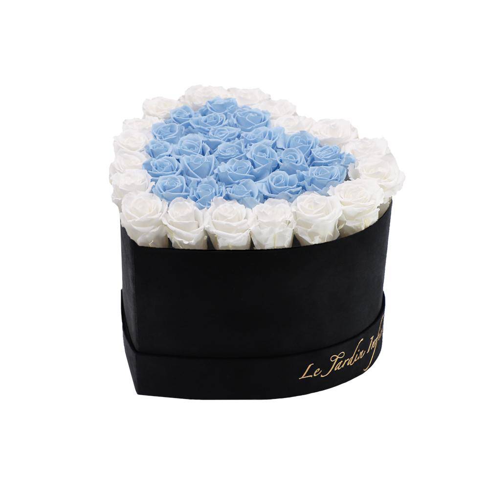 36 White & Light Blue Preserved Roses Double Hearts in A Heart Shaped Box- Small Heart Luxury Black Suede Box