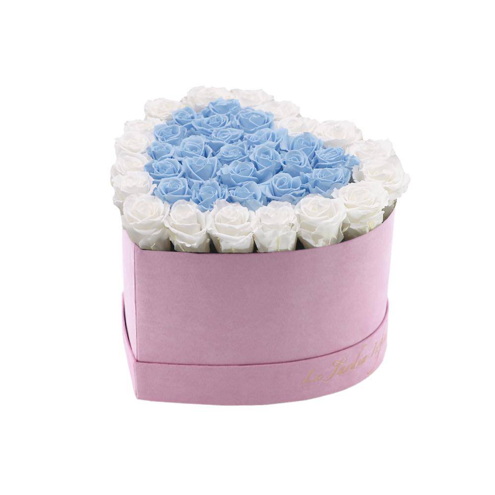 36 White & Light Blue Preserved Roses Double Hearts in A Heart Shaped Box- Small Heart Luxury Pink Suede Box
