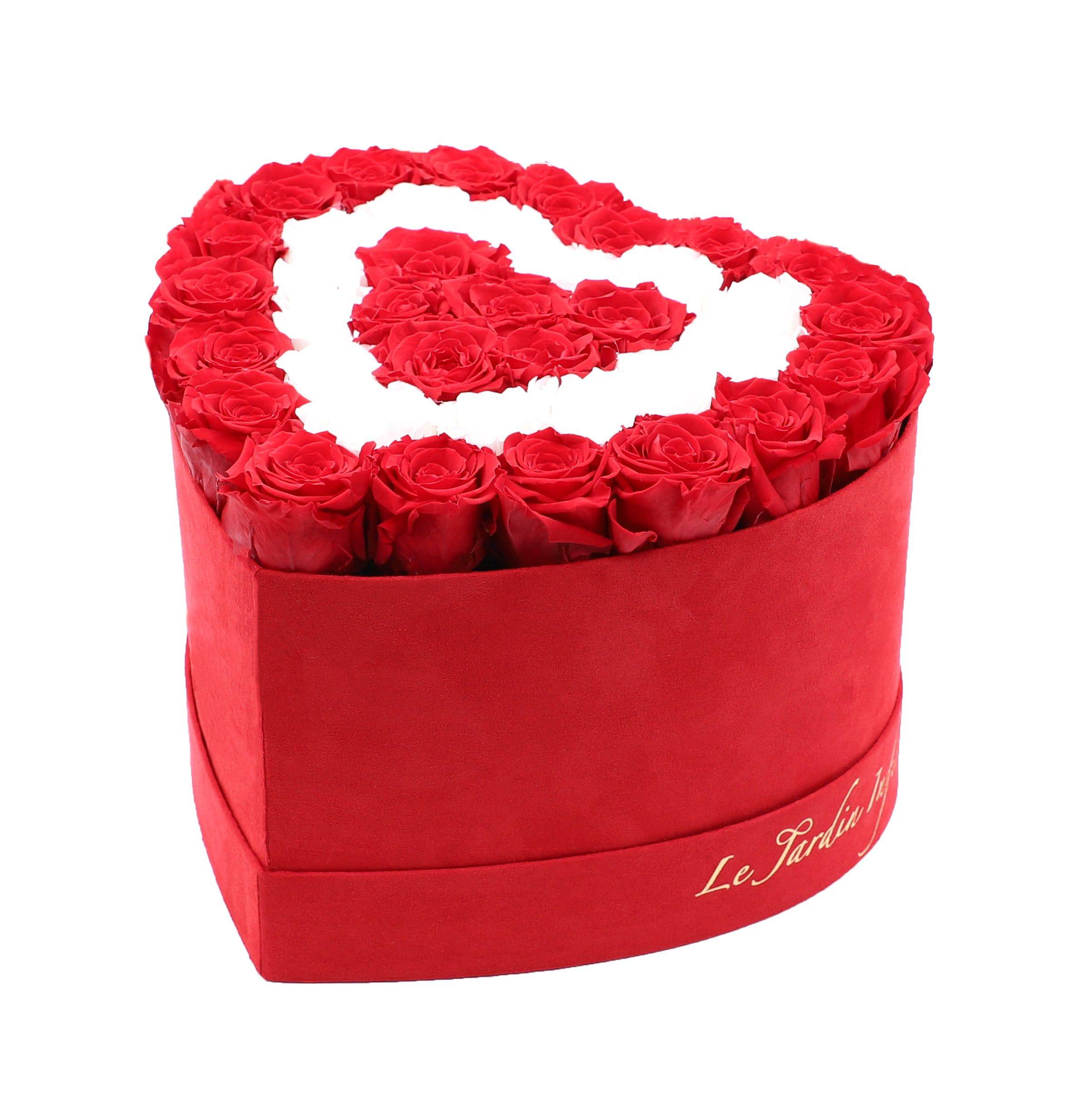 Flowers for Mother’s Day delivery 36 Red & White Hearts in A Heart Shaped Box- Small Heart Luxury Red Suede Box - Le Jardin Infini Roses in a Box