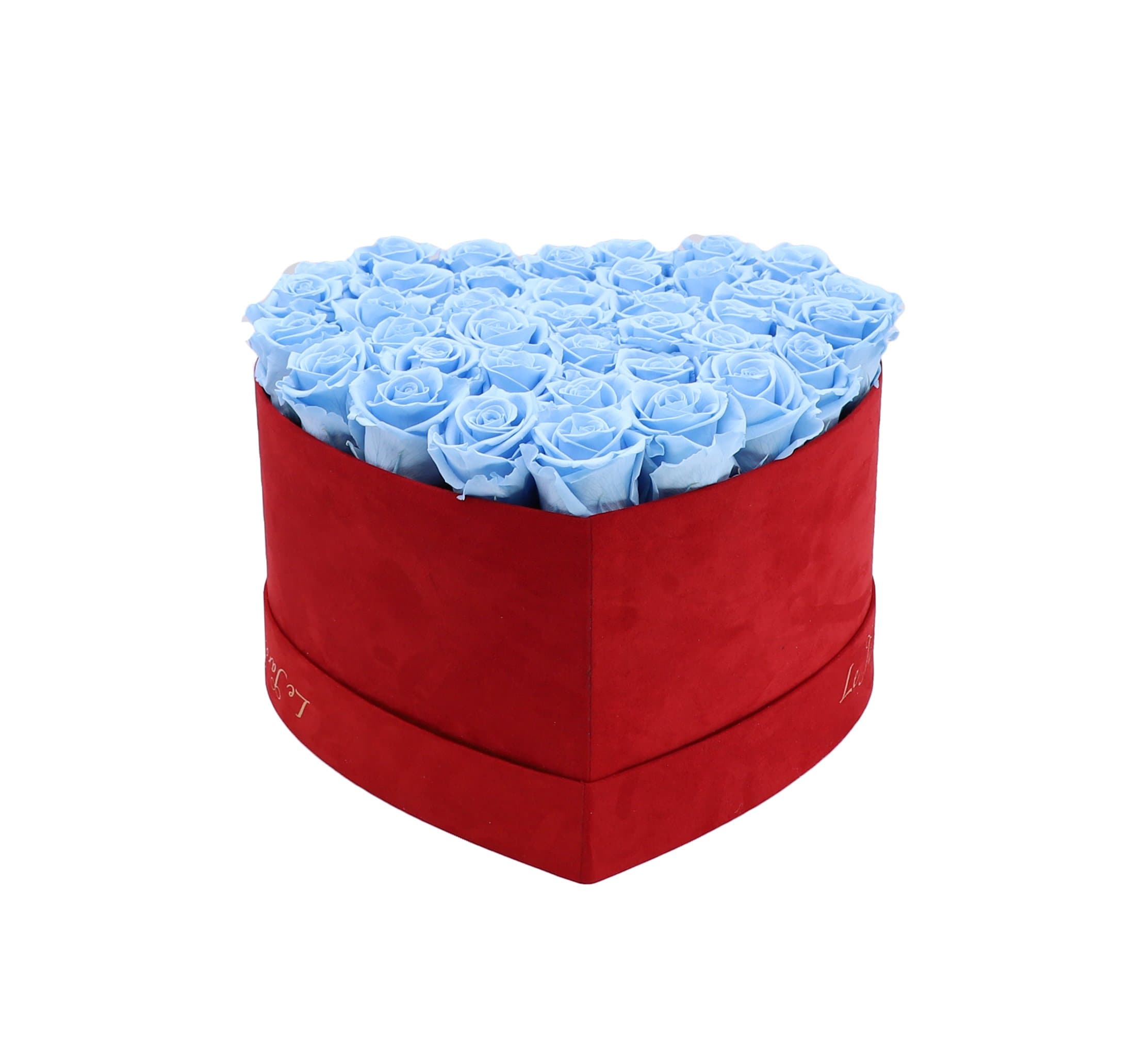 Light Blue Preserved Roses in A Heart Shaped Box- Small Heart Luxury Red Suede Box - Le Jardin Infini Roses in a Box