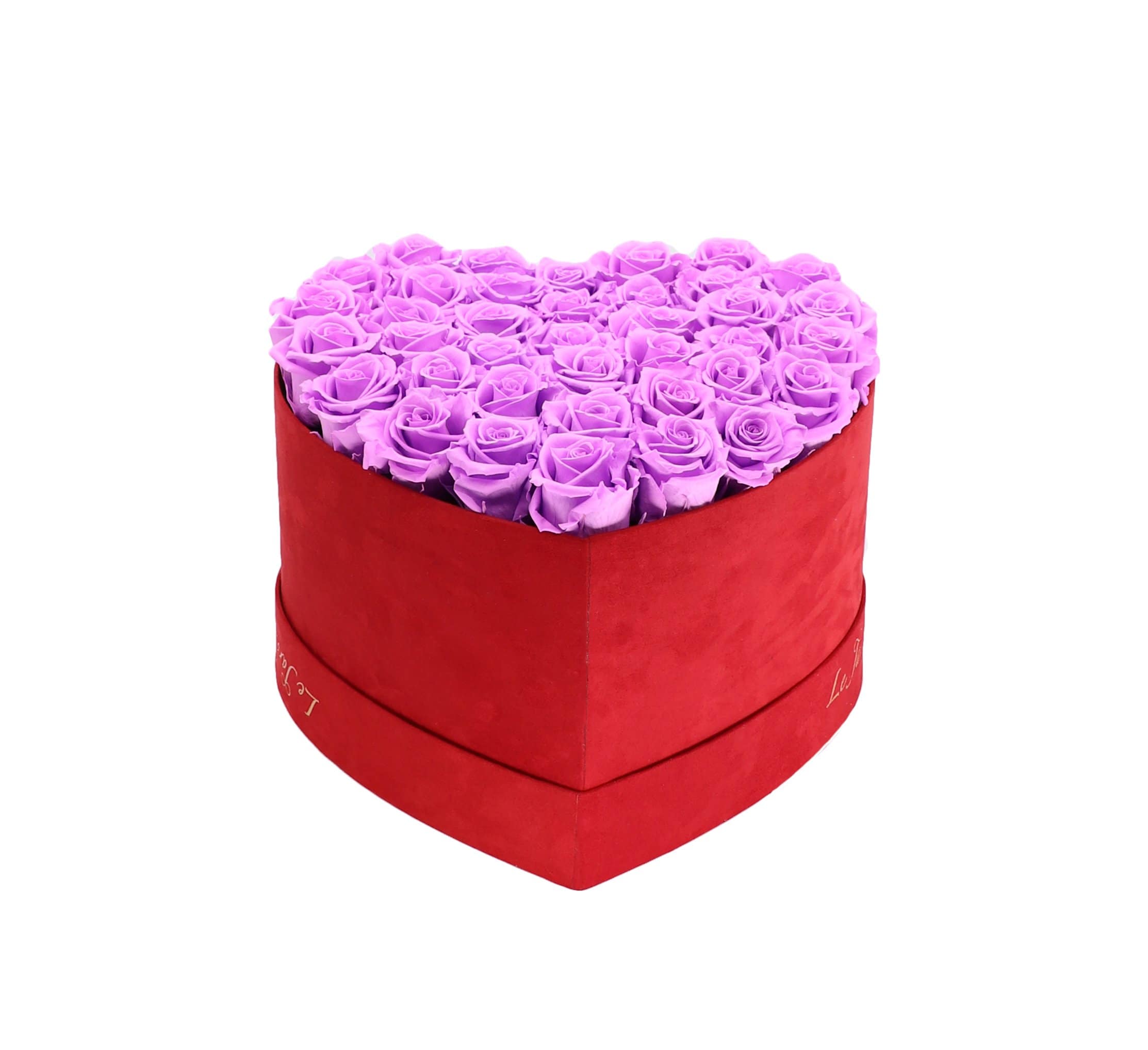 36 Lilac Preserved Roses in A Heart Shaped Box- Small Heart Luxury Red Suede Box