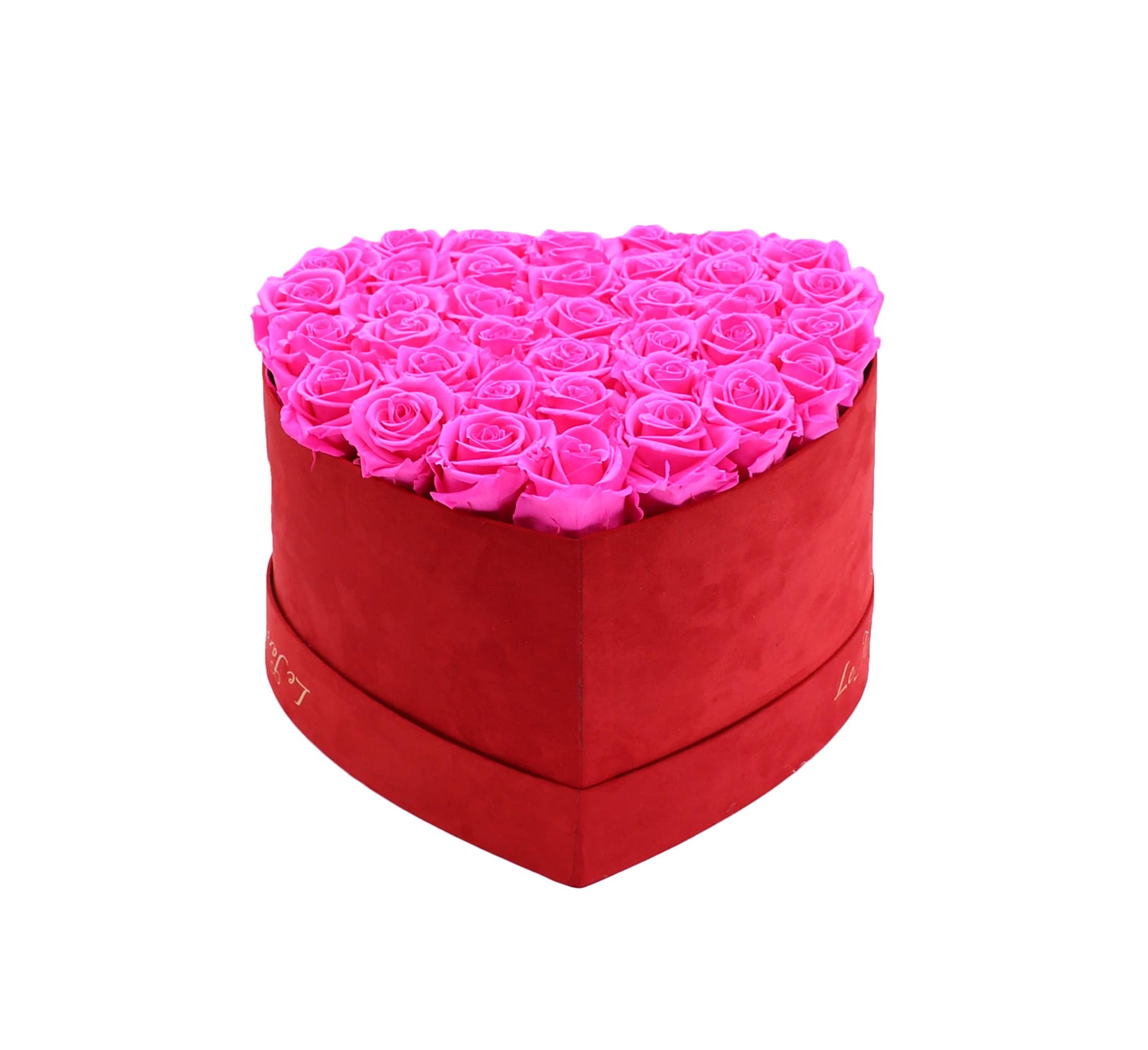 Neon Pink Preserved Roses in A Heart Shaped Box- Small Heart Luxury Red Suede Box - Le Jardin Infini Roses in a Box