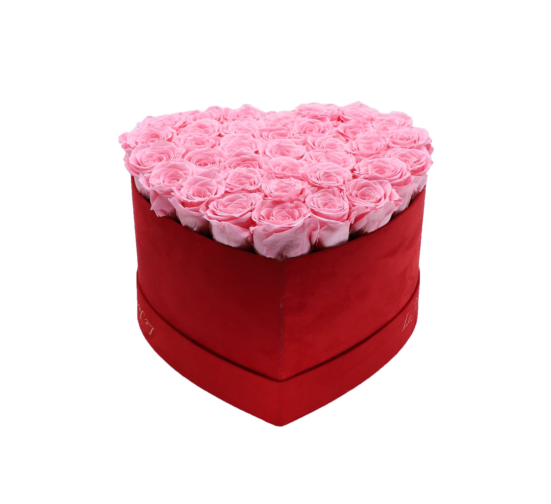 36 Pink Preserved Roses in A Heart Shaped Box- Small Heart Luxury Red Suede Box