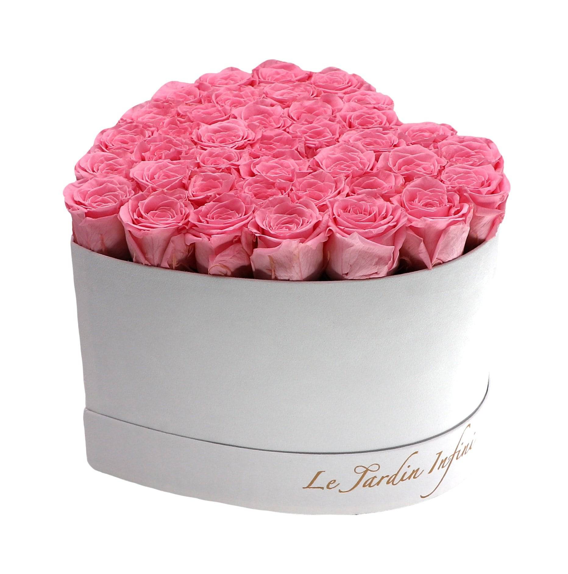 Pink Preserved Roses in A Heart Shaped Box- Small Heart Luxury White Suede Box - Le Jardin Infini Roses in a Box