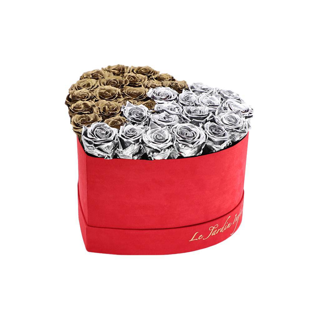 36 Silver & Gold Puzzle Preserved Roses in A Heart Shaped Box- Small Heart Luxury Red Suede Box