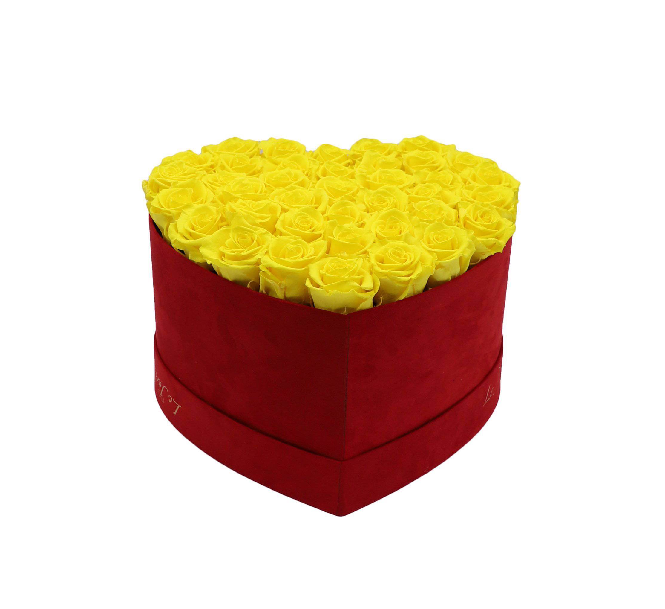 36 Yellow Preserved Roses in A Heart Shaped Box- Small Heart Luxury Red Suede Box