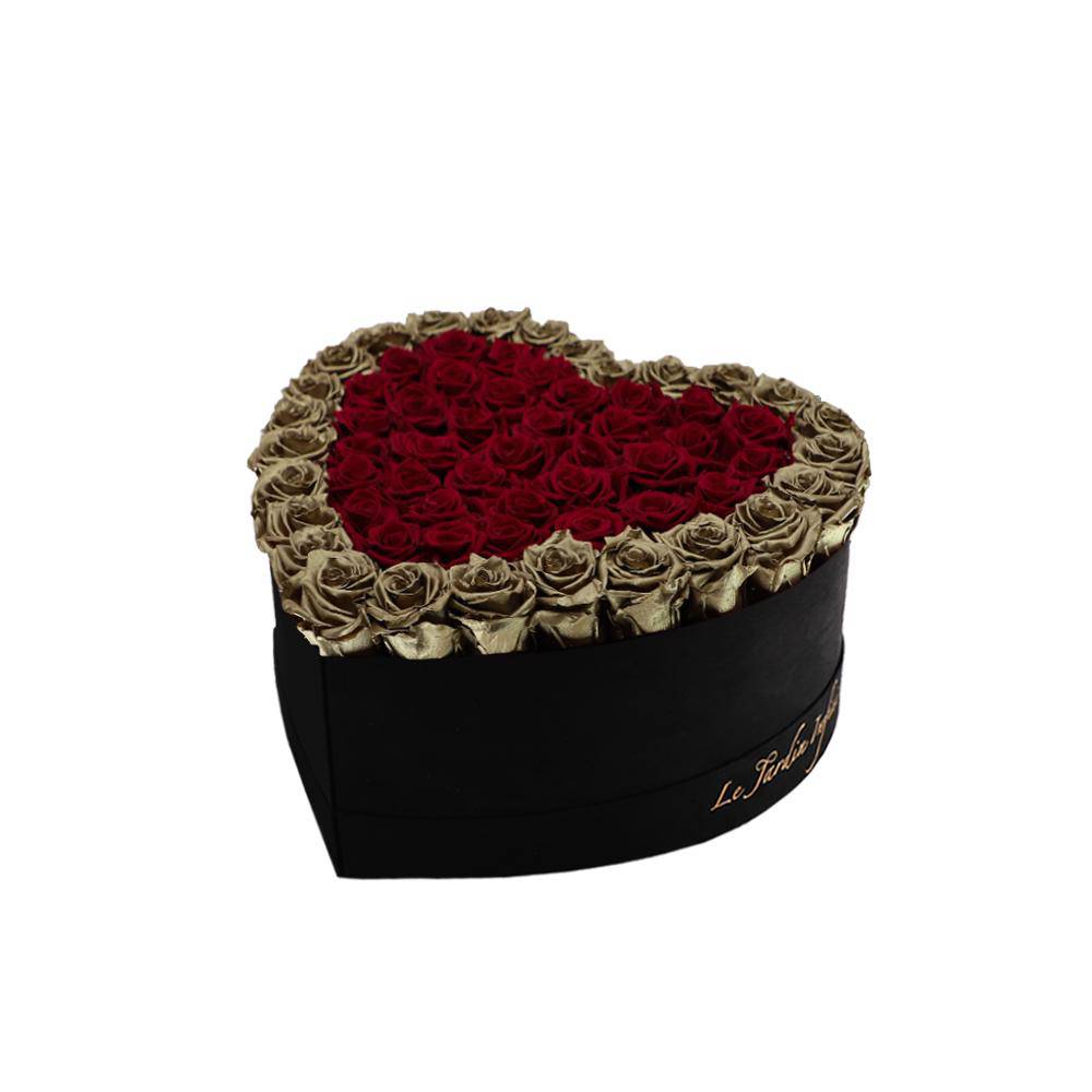 65-75 Burgundy & Gold Preserved Roses Double Hearts in A Heart Shaped Box- Medium Heart Luxury Black Suede Box