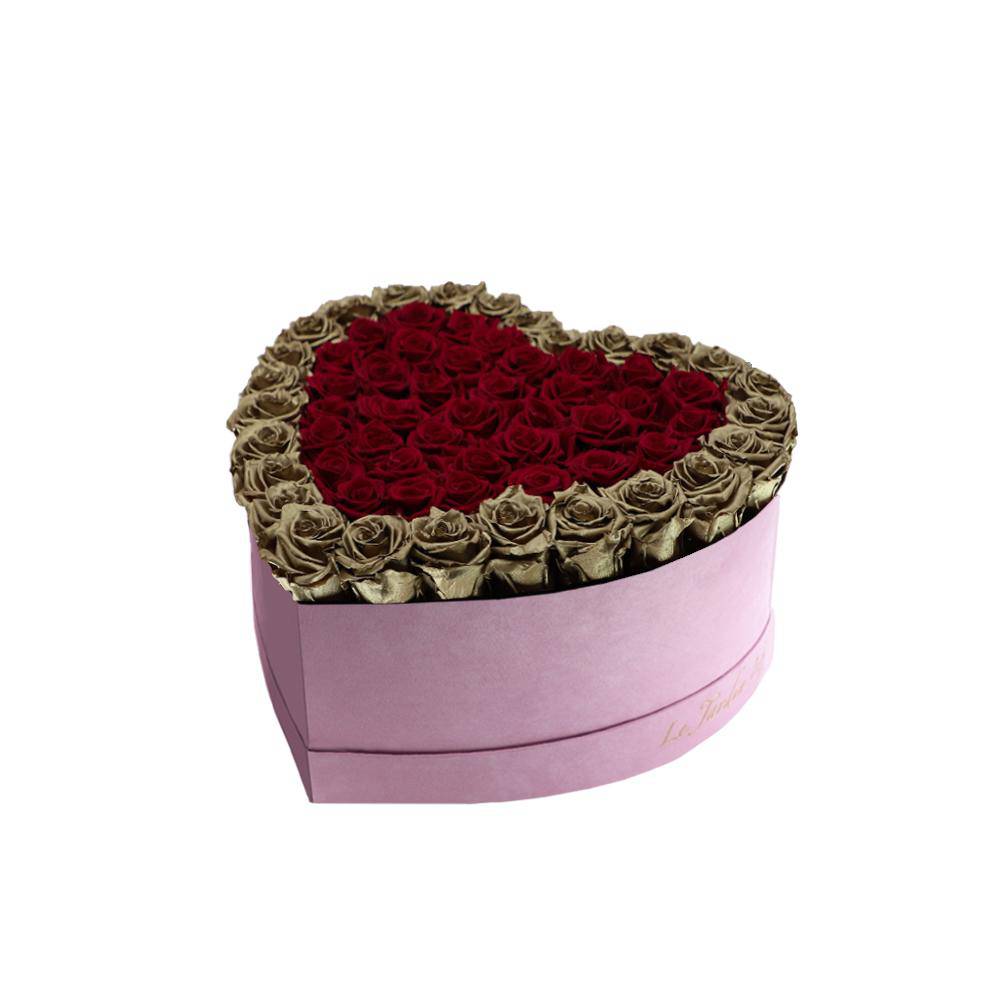 65-75 Burgundy & Gold Preserved Roses Double Hearts in A Heart Shaped Box- Medium Heart Luxury Pink Suede Box