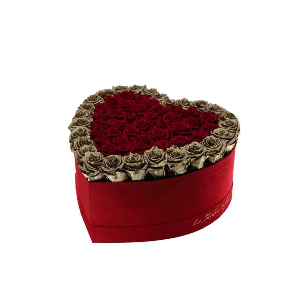 65-75 Burgundy & Gold Preserved Roses Double Hearts in A Heart Shaped Box- Medium Heart Luxury Red Suede Box