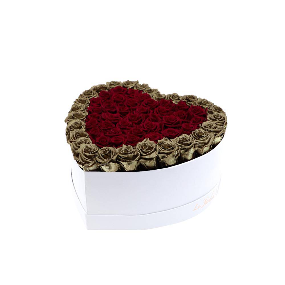 65-75 Burgundy & Gold Preserved Roses Double Hearts in A Heart Shaped Box- Medium Heart Luxury White Suede Box