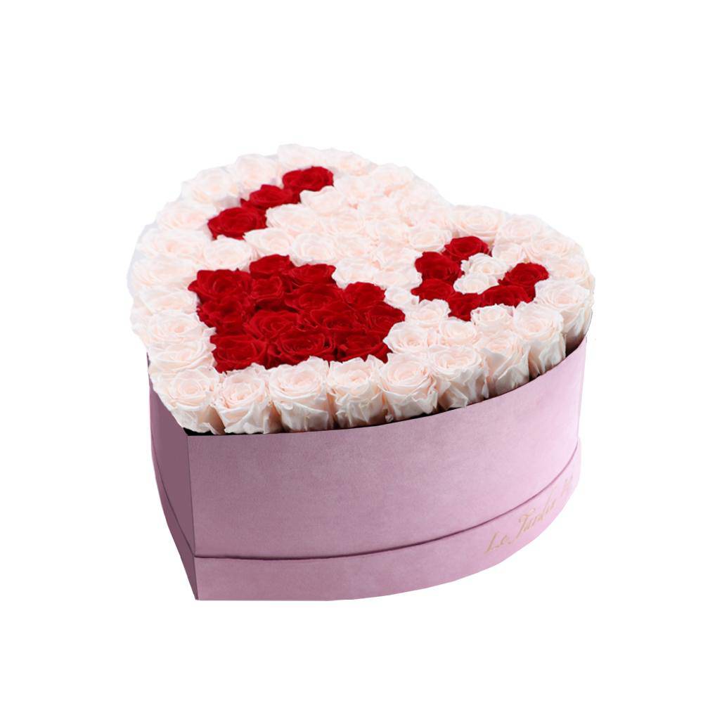 65-75 Champagne & Red Preserved Roses I Heart U in A Heart Shaped Box- Medium Heart Luxury Pink Suede Box