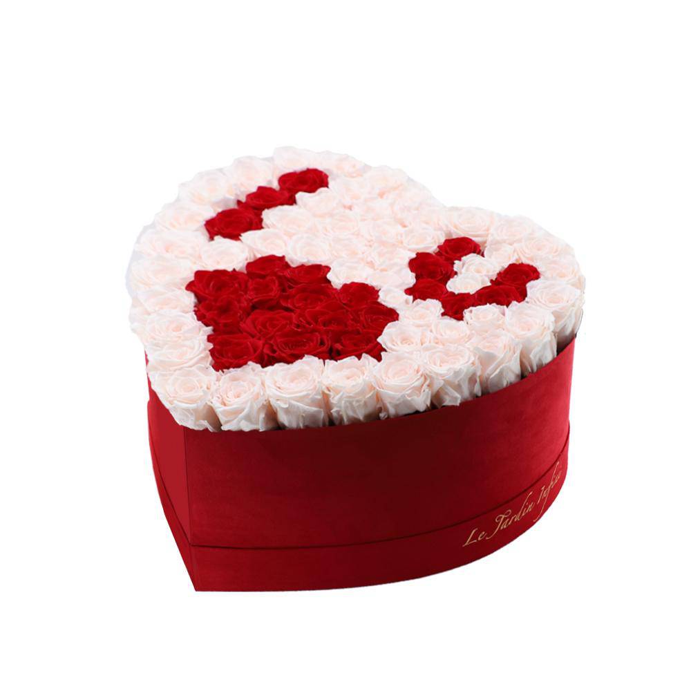 65-75 Champagne & Red Preserved Roses I Heart U in A Heart Shaped Box- Medium Heart Luxury Red Suede Box