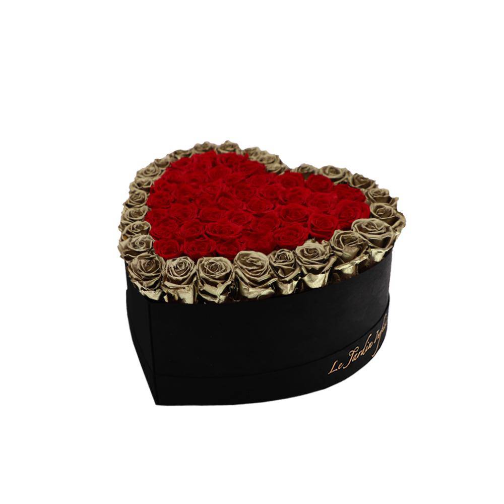 65-75 Red & Gold Preserved Roses Double Hearts in A Heart Shaped Box- Medium Heart Luxury Black Suede Box