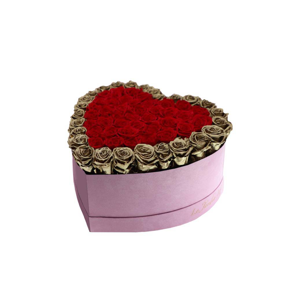 65-75 Red & Gold Preserved Roses Double Hearts in A Heart Shaped Box- Medium Heart Luxury Pink Suede Box