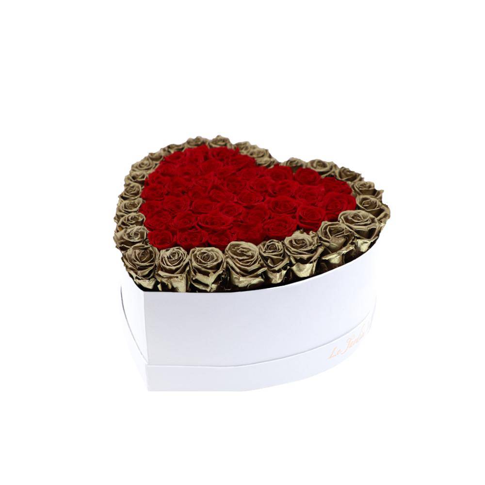 65-75 Red & Gold Preserved Roses Double Hearts in A Heart Shaped Box- Medium Heart Luxury White Suede Box