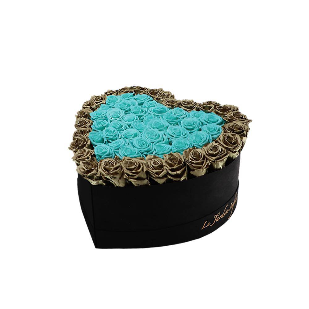 65-75 Turquoise & Gold Preserved Roses Double Hearts in A Heart Shaped Box- Medium Heart Luxury Black Suede Box