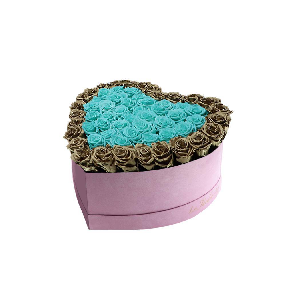 65-75 Turquoise & Gold Preserved Roses Double Hearts in A Heart Shaped Box- Medium Heart Luxury Pink Suede Box
