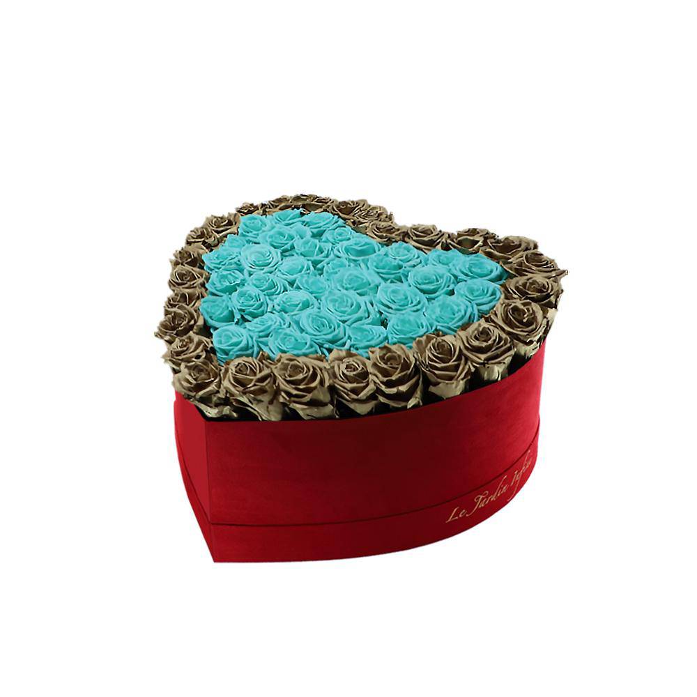 65-75 Turquoise & Gold Preserved Roses Double Hearts in A Heart Shaped Box- Medium Heart Luxury Red Suede Box