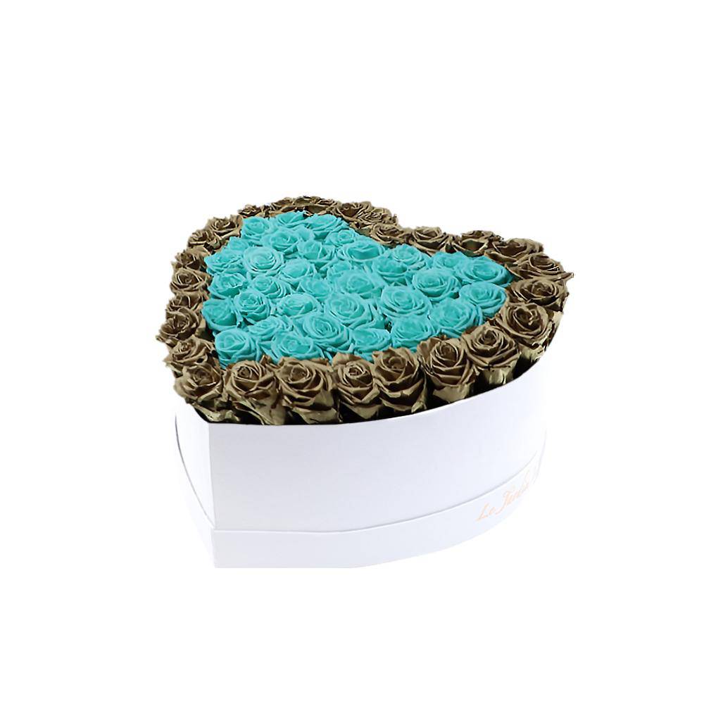 65-75 Turquoise & Gold Preserved Roses Double Hearts in A Heart Shaped Box- Medium Heart Luxury White Suede Box