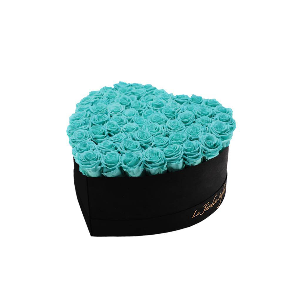 65-75 Turquoise Preserved Roses in A Heart Shaped Box- Medium Heart Luxury Black Suede Box
